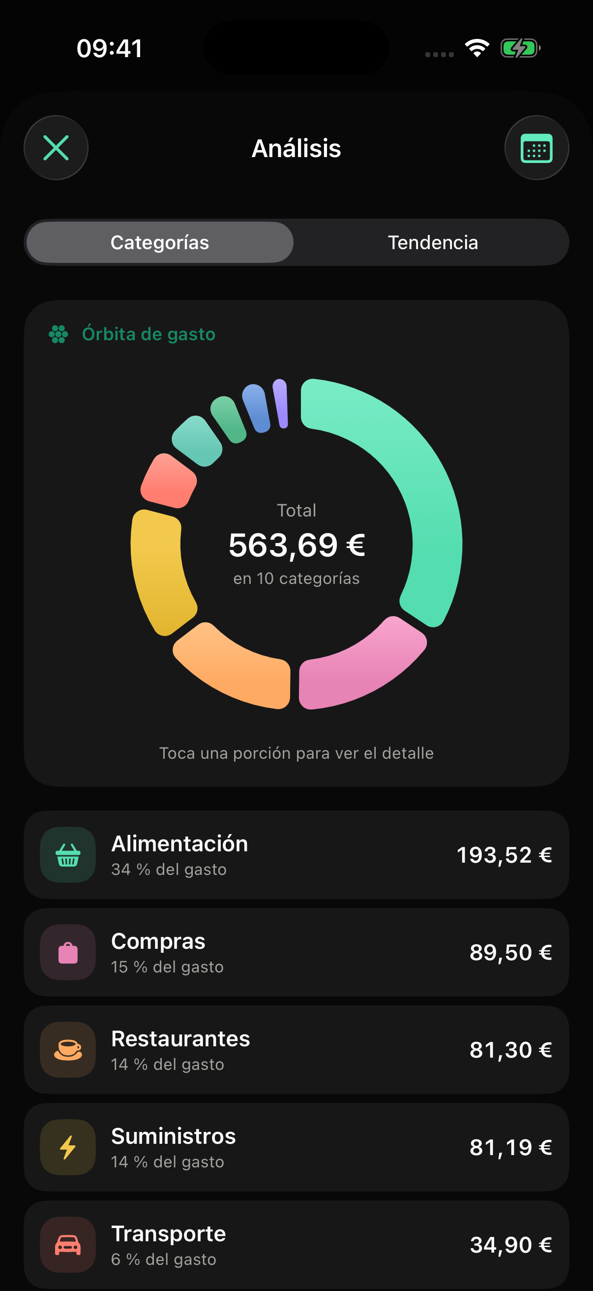 Análisis del gasto por categorías de Numa en modo oscuro
