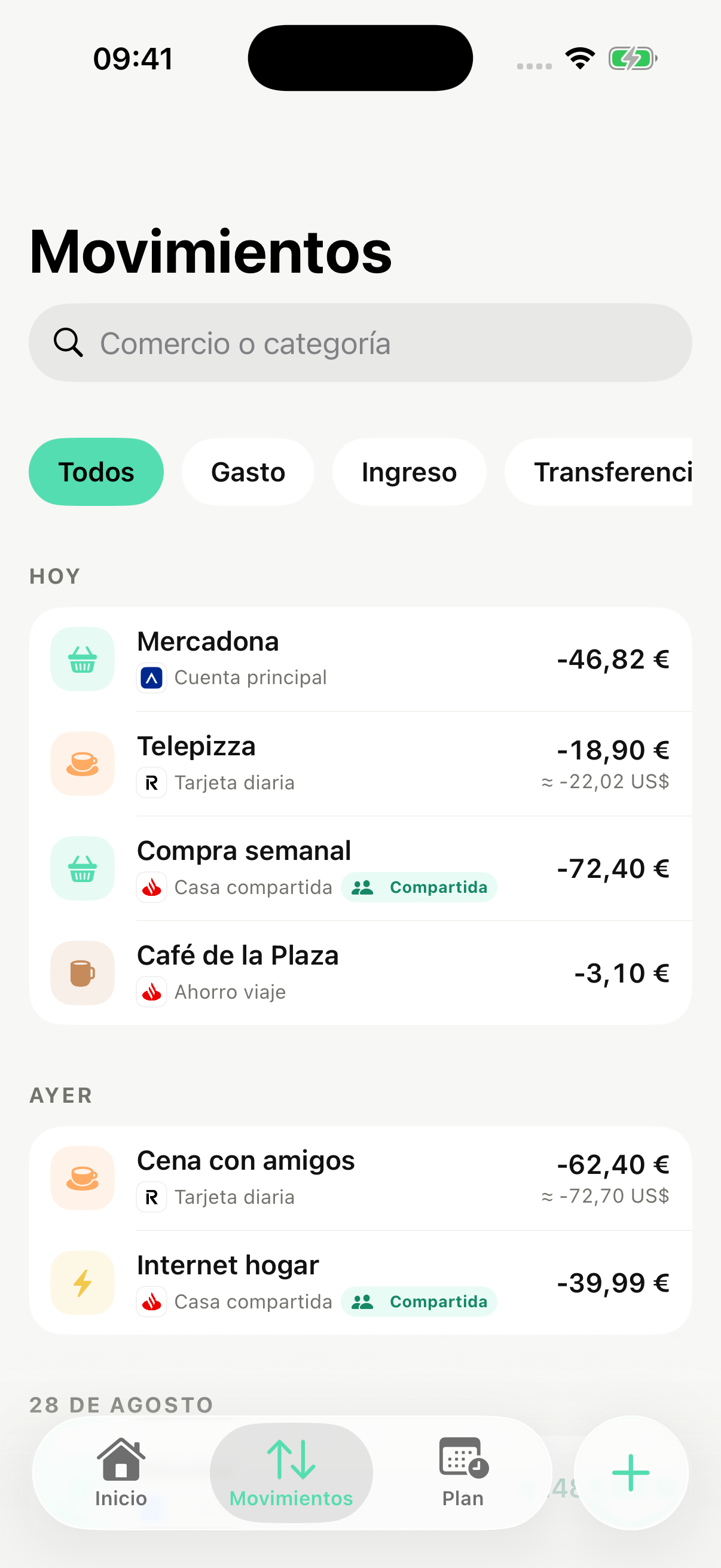 Movimientos de distintas cuentas en Numa