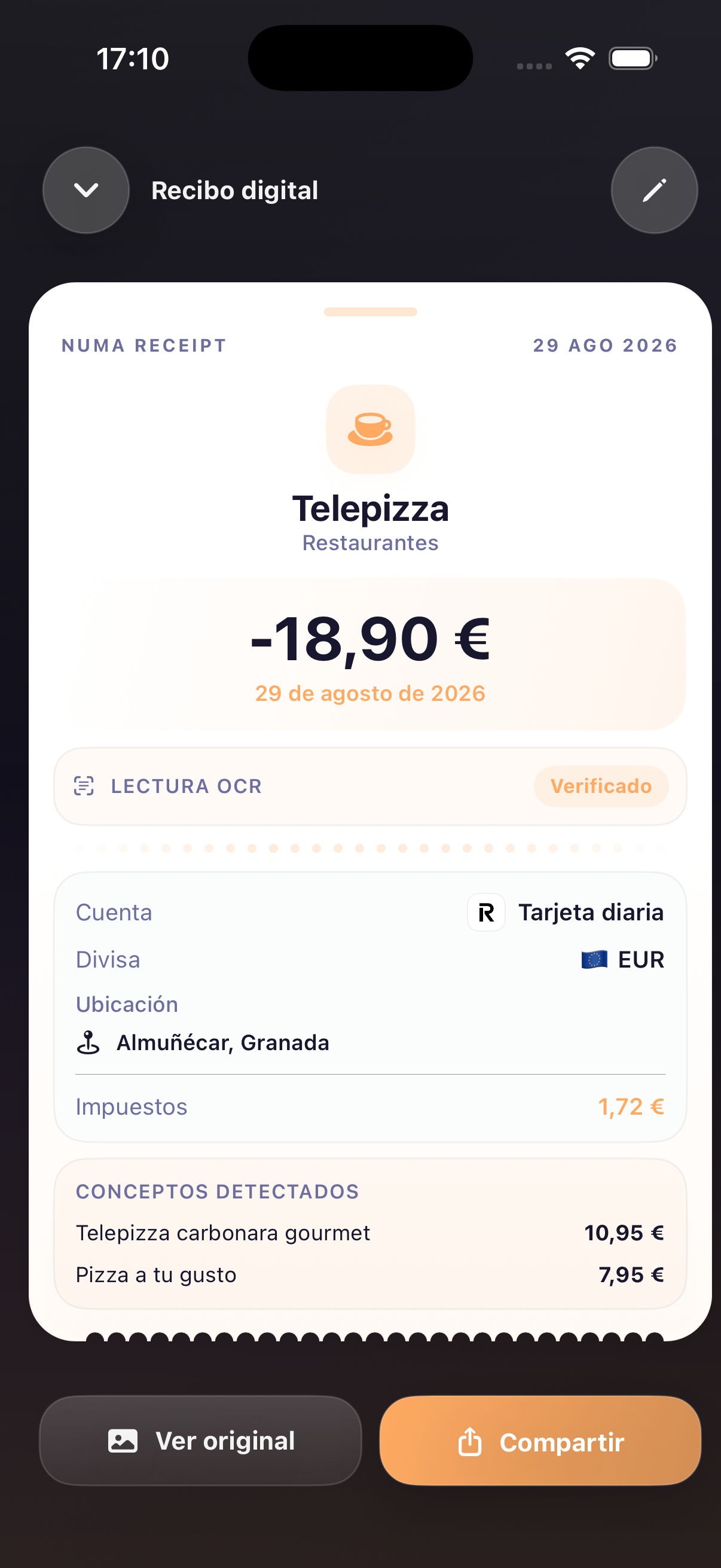 Recibo de Numa con los productos de una compra