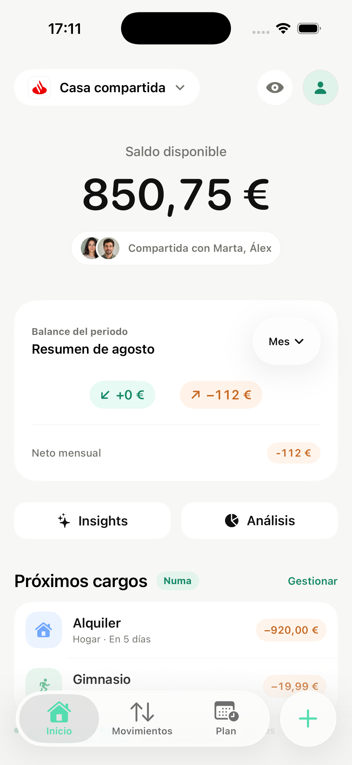 Cuenta Hogar compartida con dos participantes en Numa